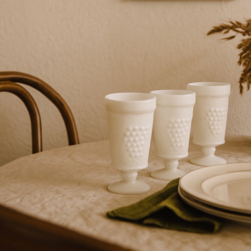 Vintage Set of 3 White Milk Glass Embossed Harvest Grape 6” Goblet Glasses